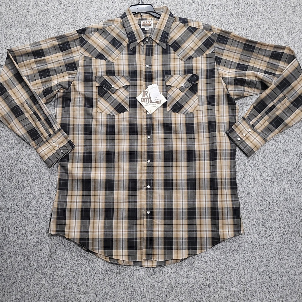 Ely Cattleman Mens XLT Plaid Western Snap Shirt Tan Black Long Sleeve Tall NWT